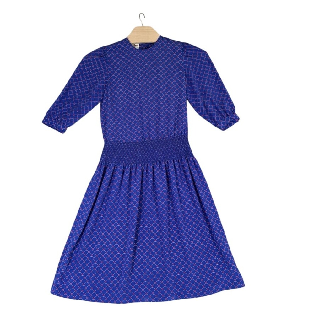 Petites for Maggy Vintage 80s Blue Geometric Smocked Waist Midi Dress Size 4
